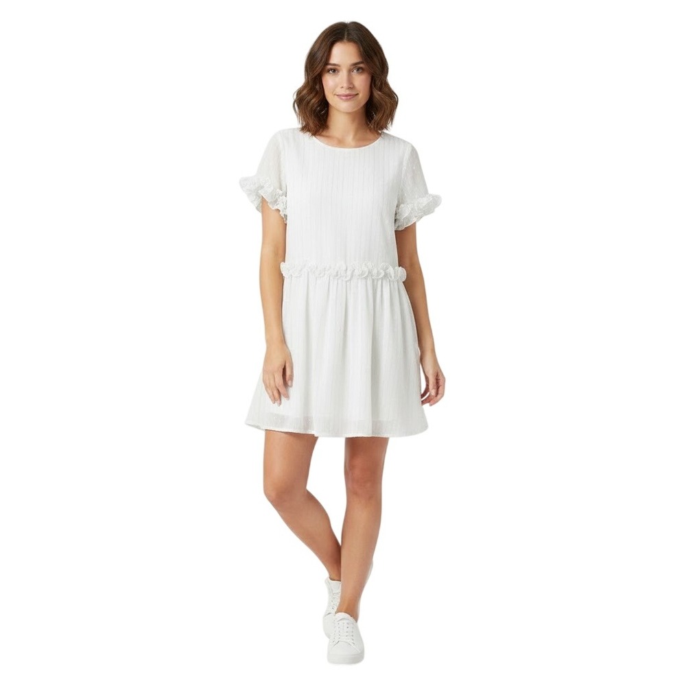 Here Comes The‎ Sun Dress White Silver Metallic Stripe Mini Ruffle Swiss Dot S